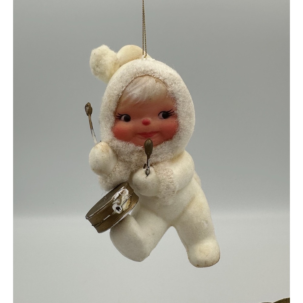 Vintage White Flocked Bare‎ Bottom Snow Angel Baby Kurt Adler Ornament Drummer